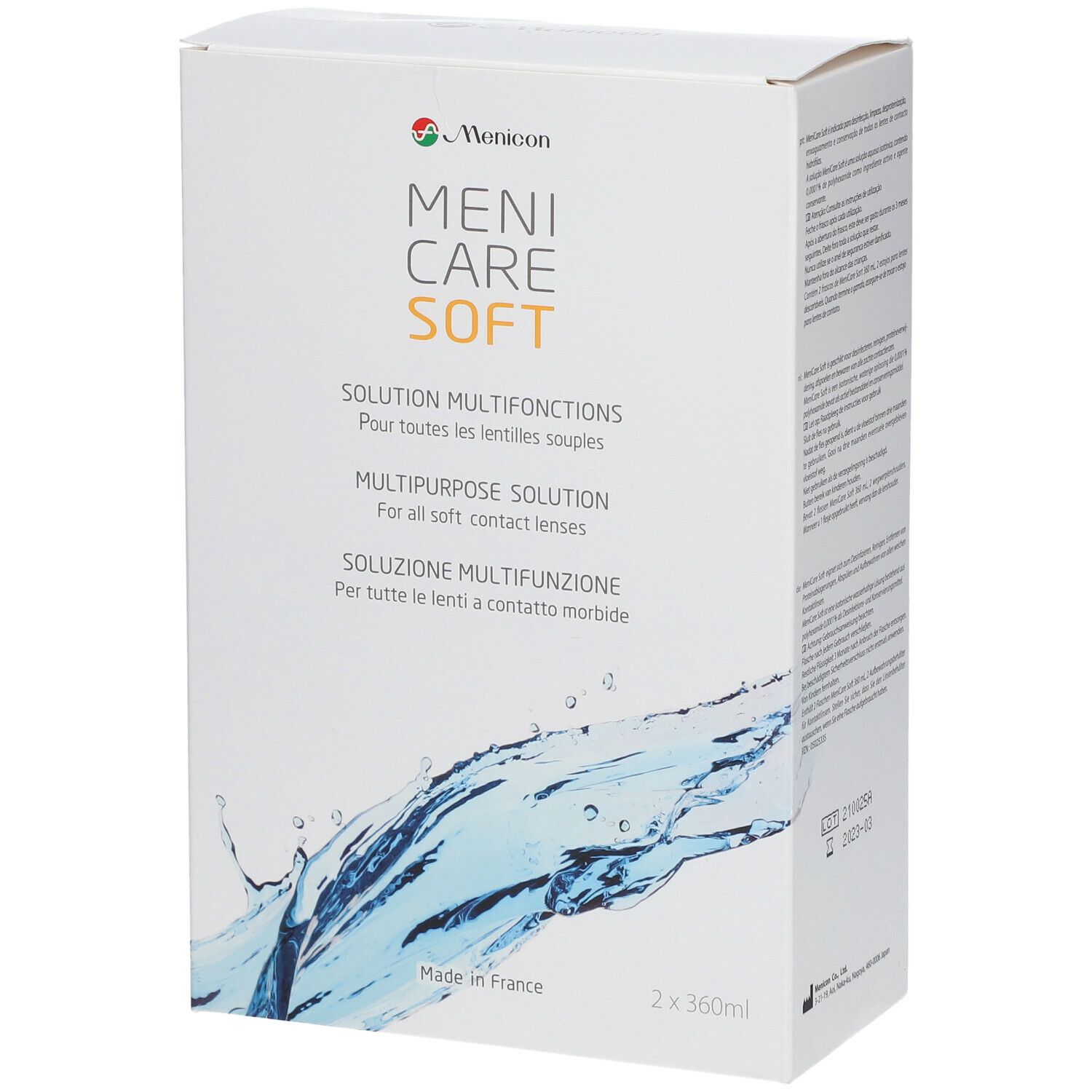Menicare Soft Duopack. Solution multifonctions pour lentilles souples. Emballage avec 2 x 360ml. Fabriqué en France.