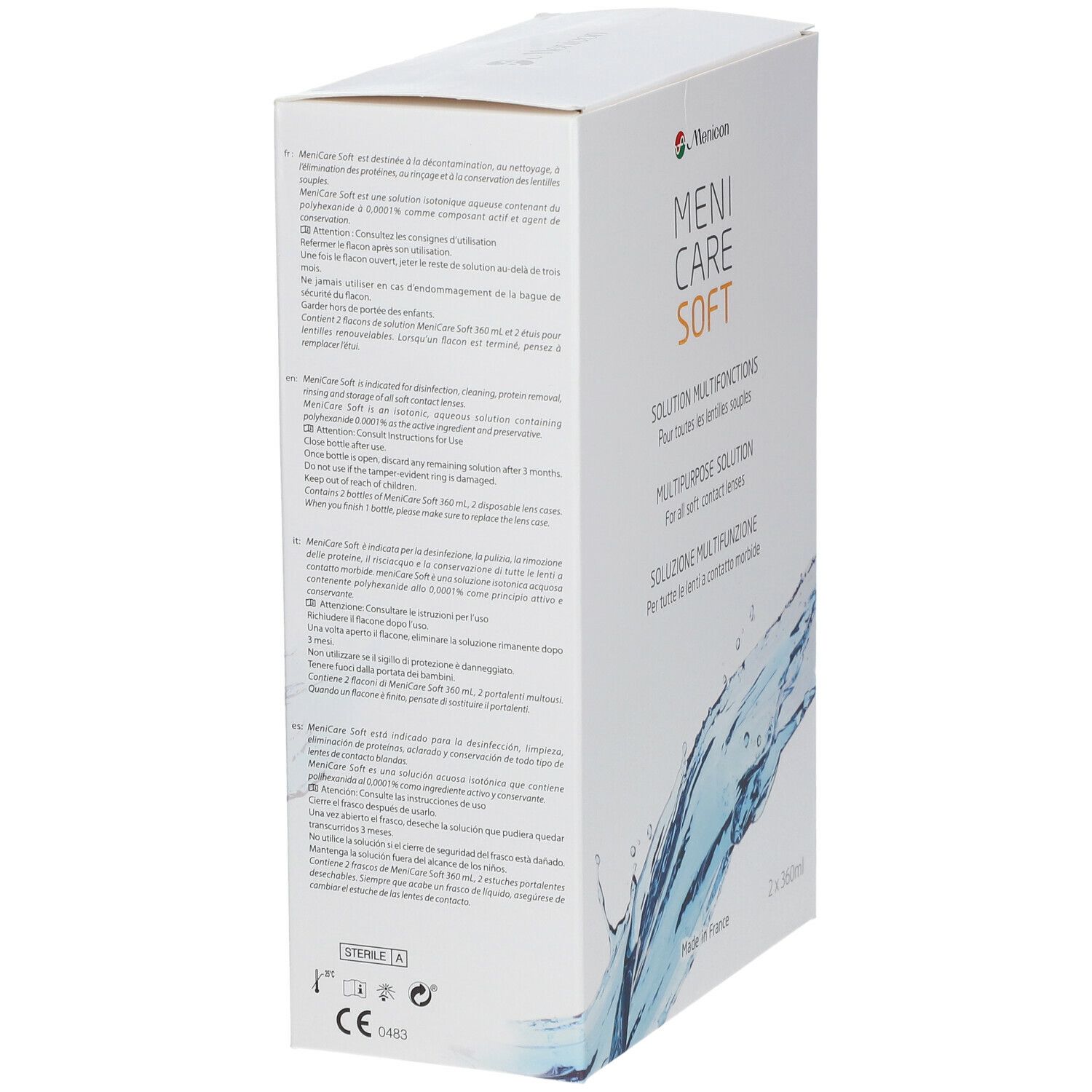 Menicare Soft Duopack. Arrière de l'emballage avec texte multilingue. Contient des informations d'utilisation.