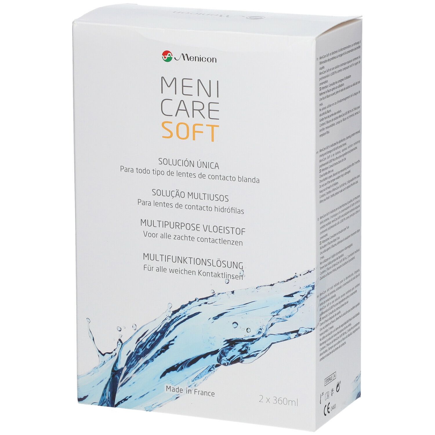 Menicare Soft Duopack. Face avant de l'emballage avec nom du produit et versions linguistiques. 2 x 360ml.