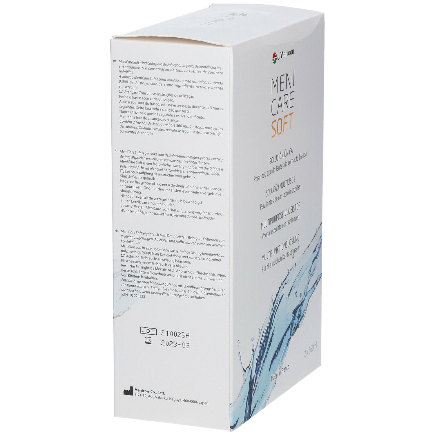 Menicare Soft Duopack. Emballage avec texte multilingue. Date de production et de péremption.