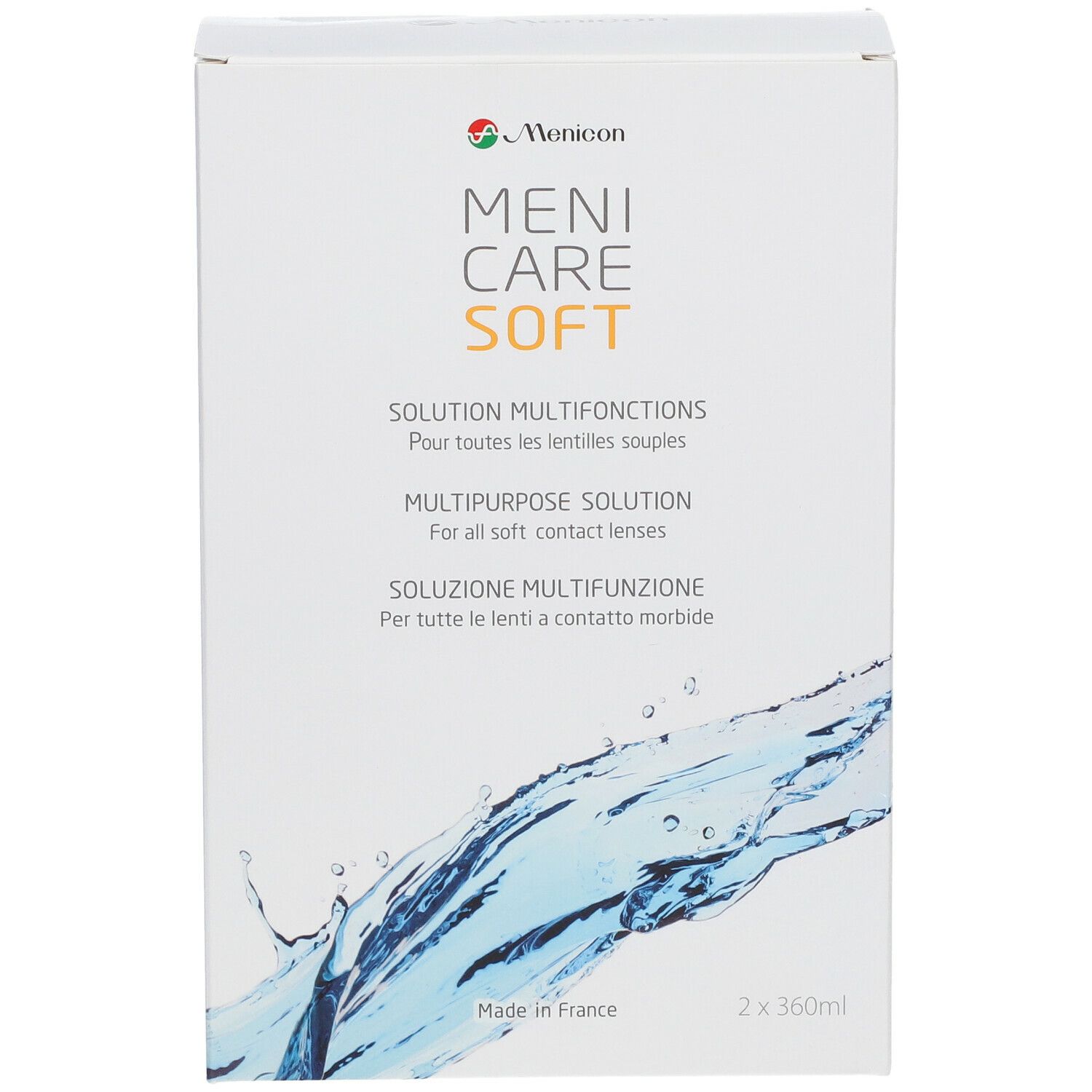 Menicare Soft Duopack. Face avant de l'emballage avec nom et description du produit. 2 x 360ml.