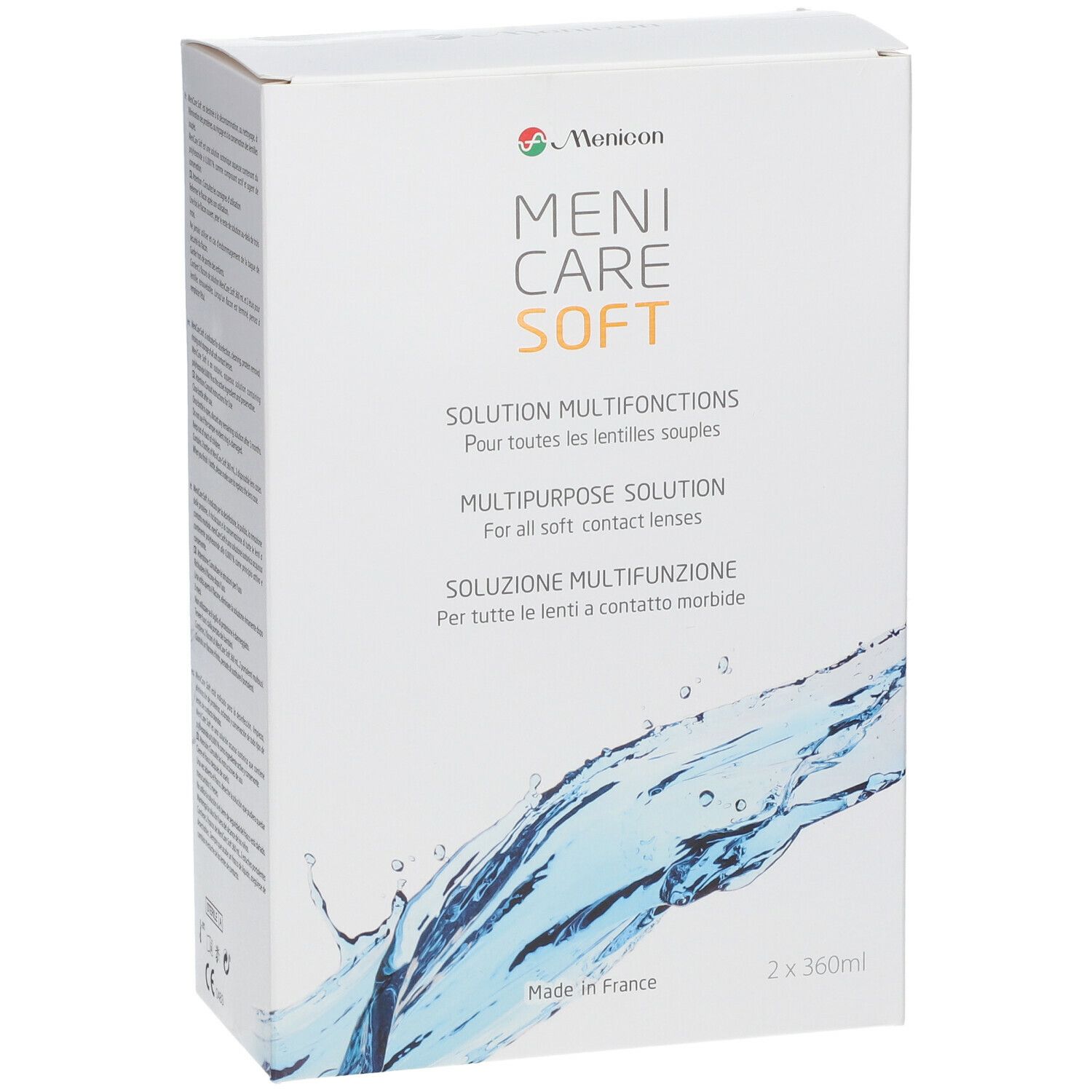 Menicare Soft Duopack. Vue de face de l'emballage avec nom et description du produit. 2 x 360ml.