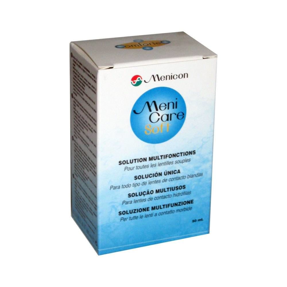 Boîte Menicare Soft. Texte bleu sur fond blanc. Logo Menicon. Solution multifonction pour lentilles souples.