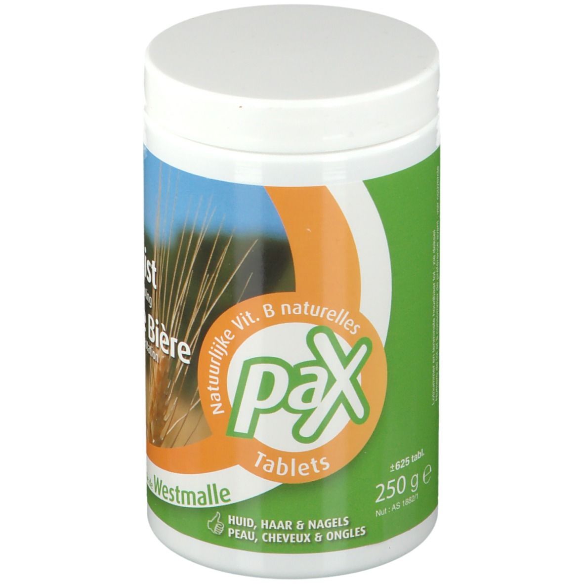 Weißer Behälter mit "Pax Tablets". Aufschrift "250 g". Grün-orangefarbenes Etikett.