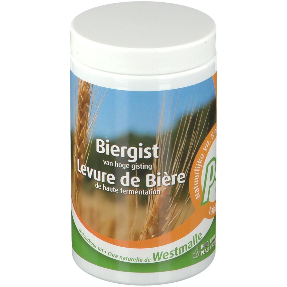 Weißer Behälter mit Aufschrift "Biergist Levure de Bière". Grün-orangefarbenes Etikett.
