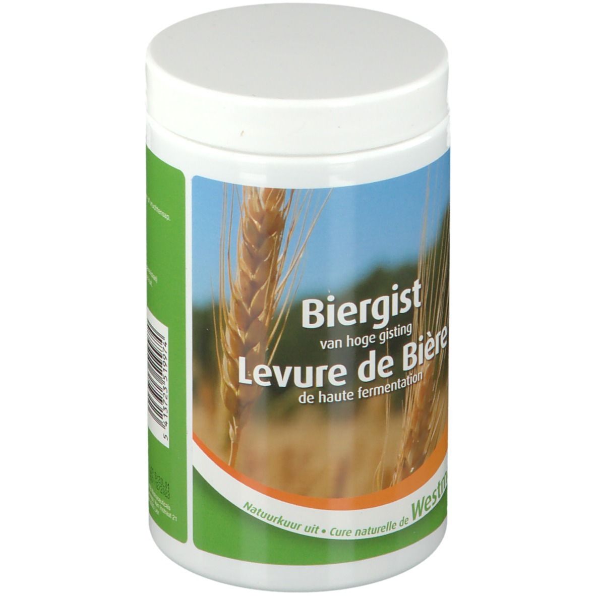 Weißer Behälter mit "Biergist Levure de Bière". Abbildung von Getreideähren.
