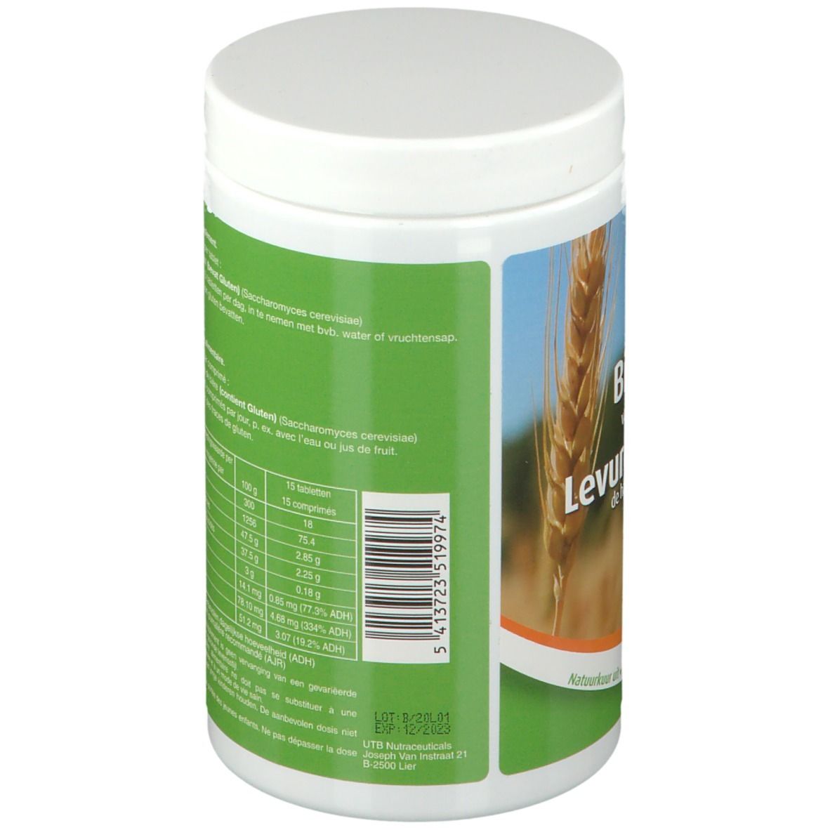 Weißer Behälter mit "Biergist Levure de Bière". Barcode und Nährwertangaben.