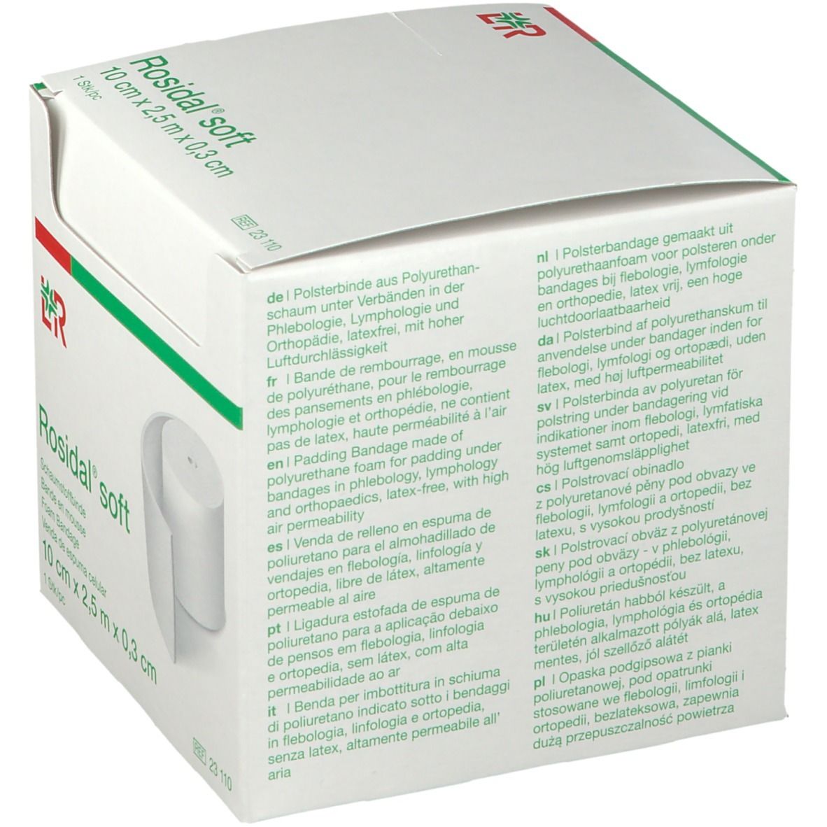 Achterkant verpakking Rosidal soft. Meertalige tekst. Product- en fabrikantinformatie.
