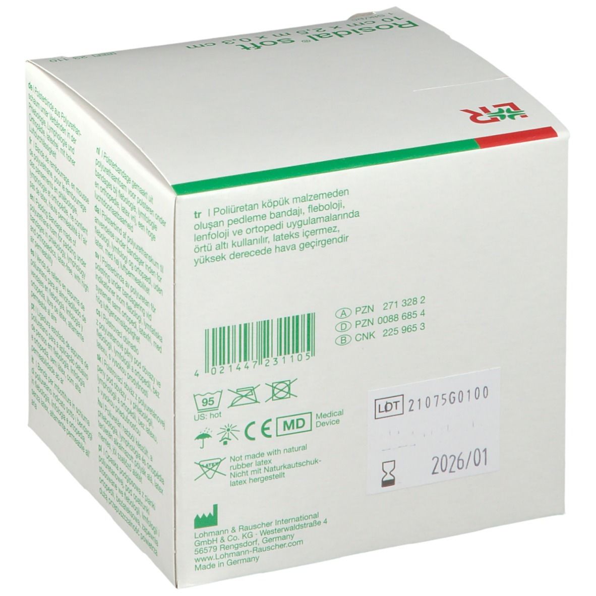 Achterkant verpakking Rosidal soft. Barcode, lotnummer, vervaldatum en CE-markering.