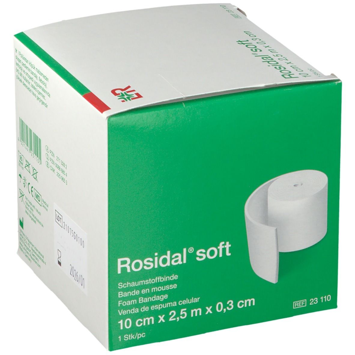 Doos Rosidal soft. Schuimverband 10 cm x 2,5 m x 0,3 cm. Rol verband zichtbaar.