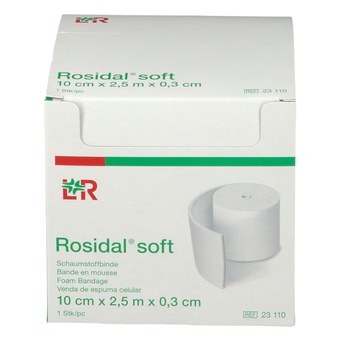 Doos Rosidal soft. Schuimverband 10 cm x 2,5 m x 0,3 cm. Rol verband zichtbaar.