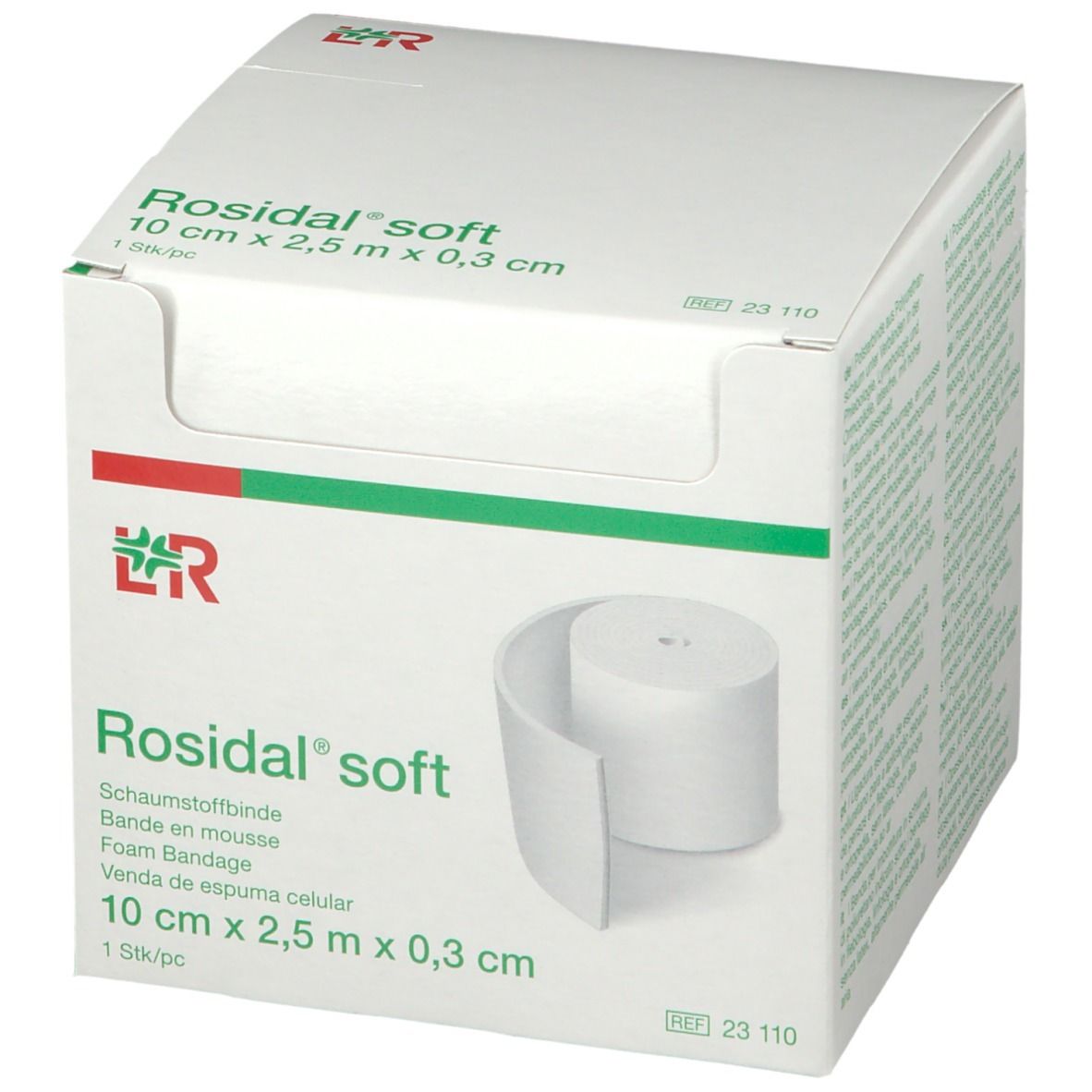 Doos Rosidal soft. Schuimverband 10 cm x 2,5 m x 0,3 cm. Rol verband zichtbaar.