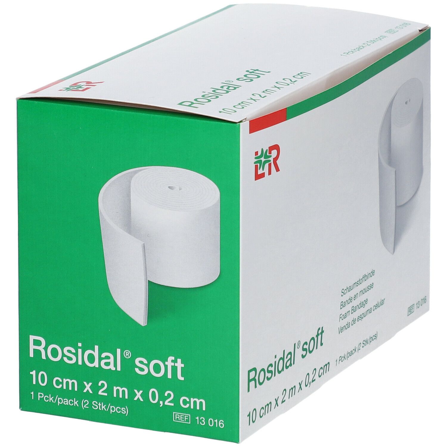 Rosidal soft bandage en mousse. Rouleau blanc dans emballage vert. 10 cm x 2 m x 0,2 cm. 1 paquet/2 pièces. Emballage vert et blanc.