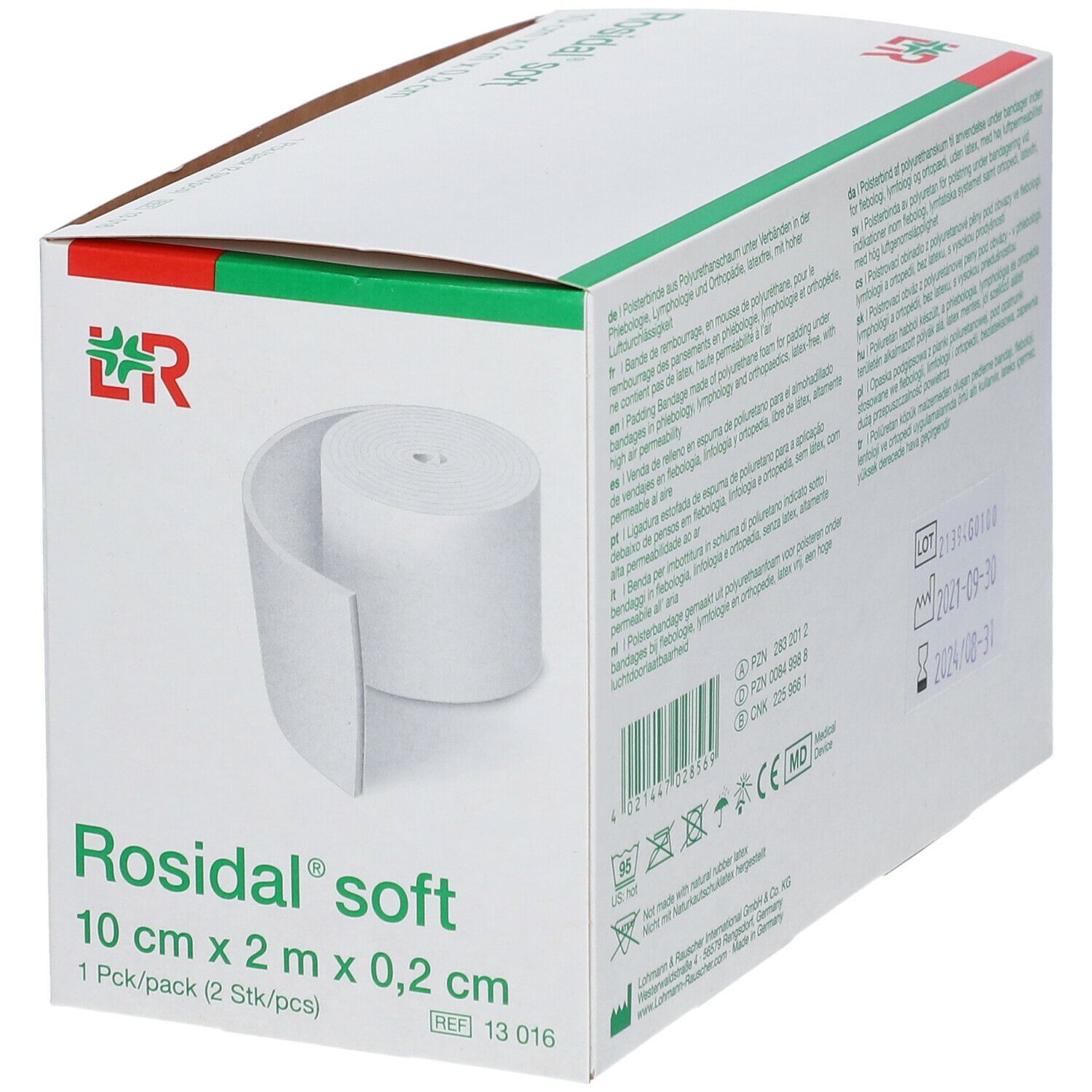 Rosidal soft bandage en mousse. Rouleau blanc dans emballage. 10 cm x 2 m x 0,2 cm. 1 paquet/2 pièces. Emballage vert et blanc.