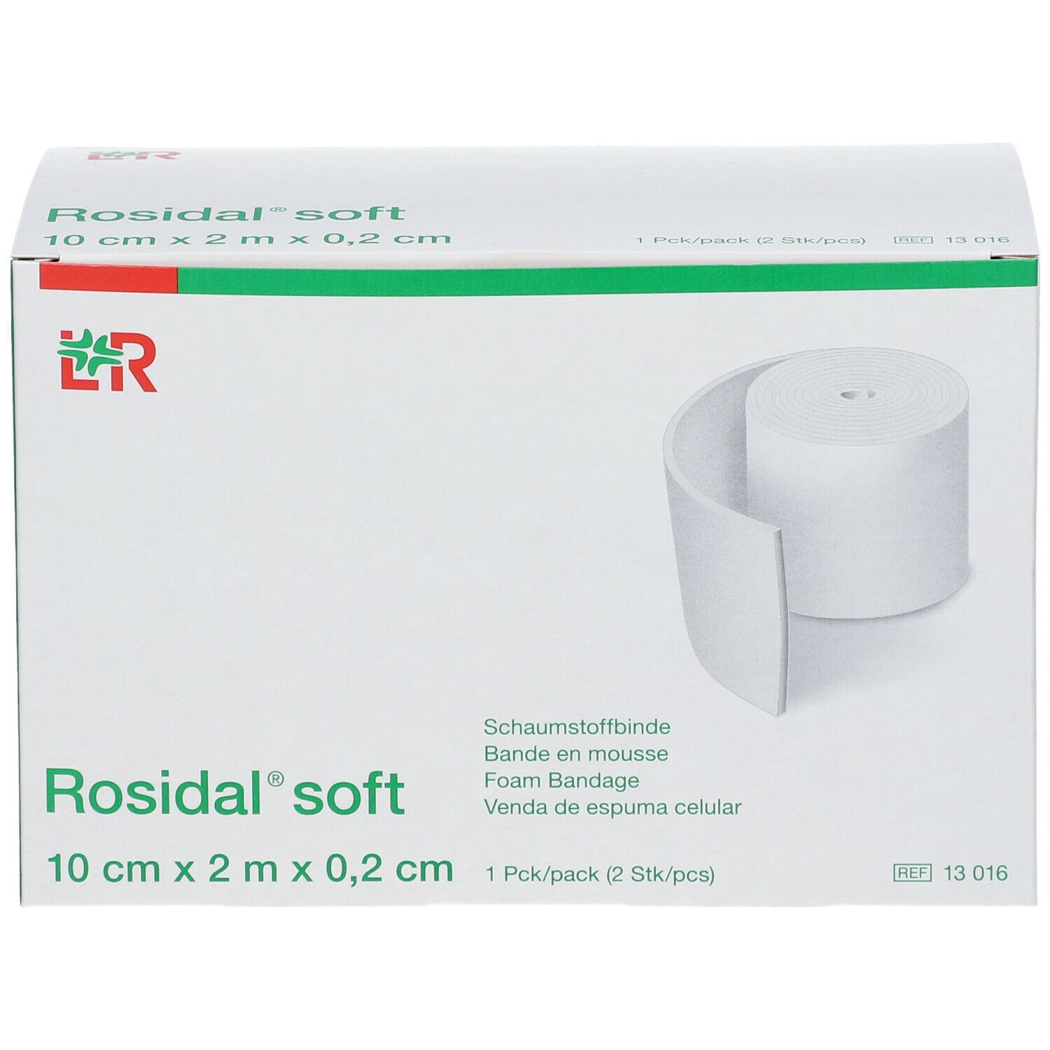 Rosidal soft bandage en mousse. Rouleau blanc dans emballage. 10 cm x 2 m x 0,2 cm. 1 paquet/2 pièces. Emballage vert et blanc.