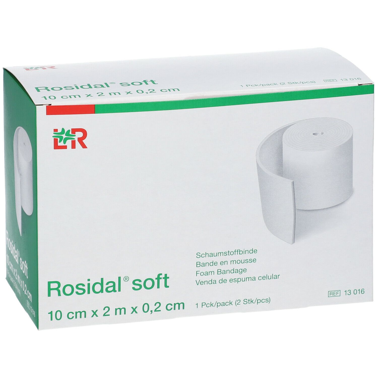 Rosidal soft bandage en mousse. Rouleau blanc dans emballage. 10 cm x 2 m x 0,2 cm. 1 paquet/2 pièces. Emballage vert et blanc.