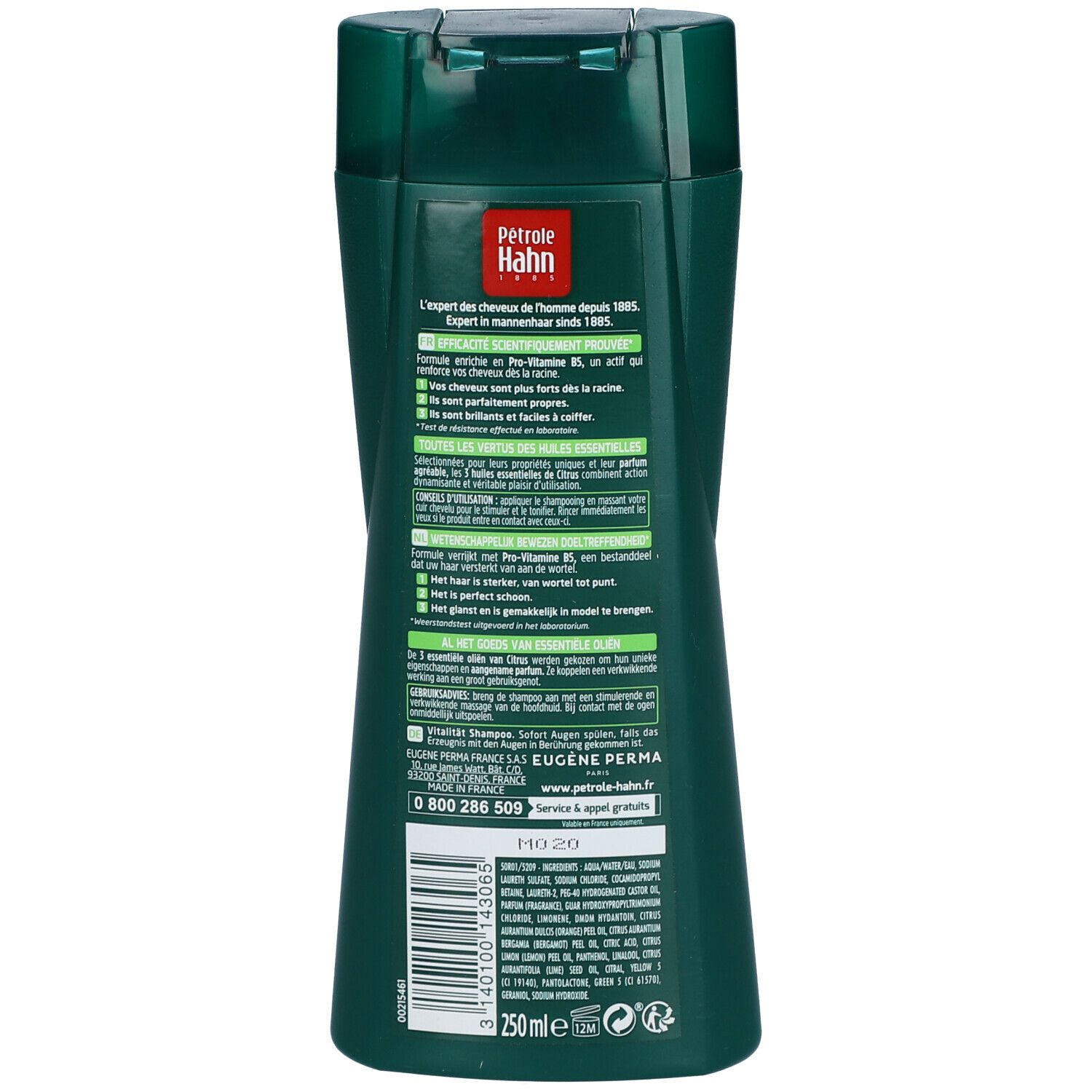 Dos d'un flacon de shampooing vert. Texte: Pétrole Hahn, formule avec Pro-Vitamine B5, expert en soins capillaires depuis 1905.