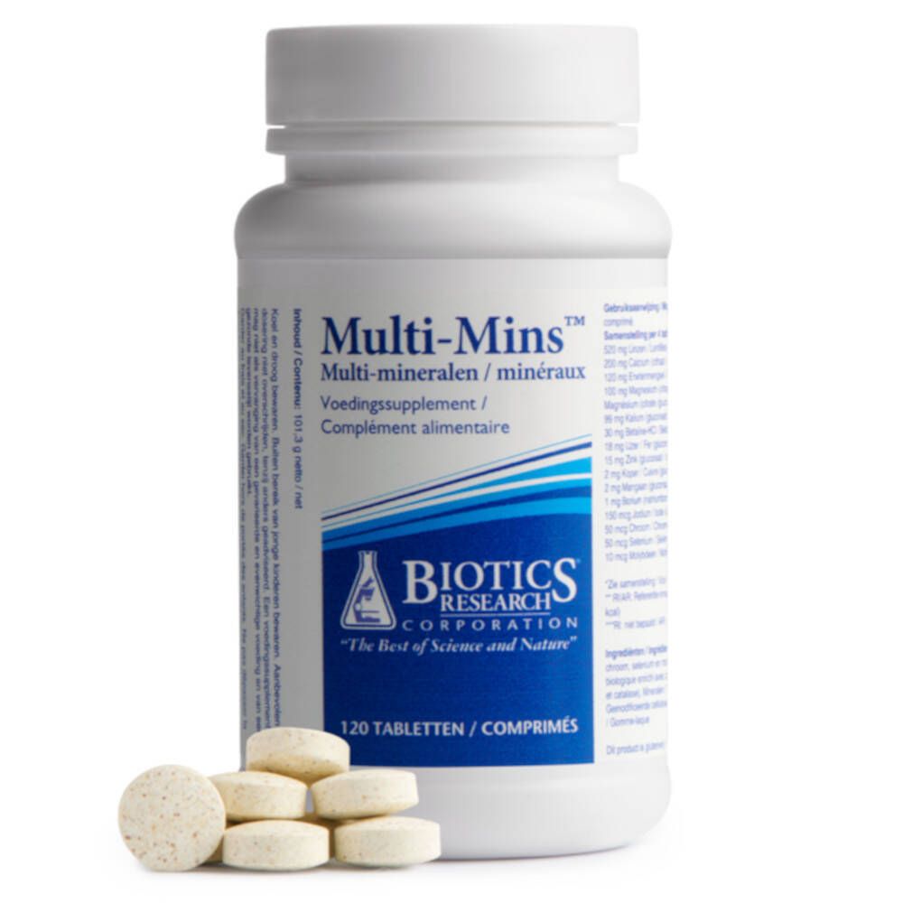 Witte fles Multi-Mins™ met tabletten ernaast. Opschrift: BIOTICS RESEARCH, 120 tabletten. Meertalige tekst.