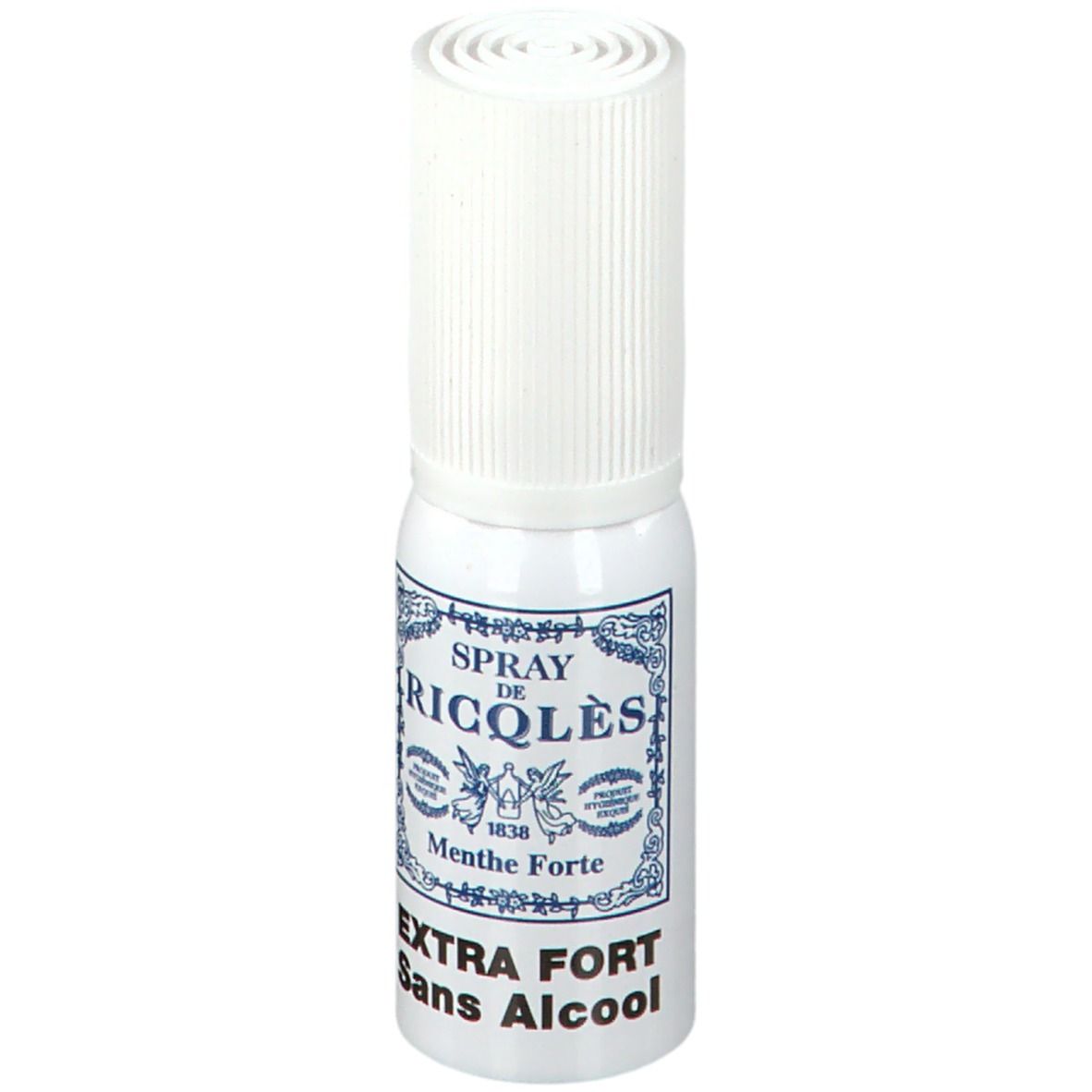Petite bouteille de spray blanche avec étiquette bleue. Inscription: RICQLES, Menthe Forte, Extra Fort, Sans Alcool.