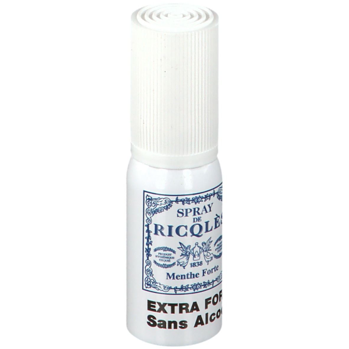 Petite bouteille de spray blanche avec étiquette bleue. Inscription: RICQLES, Menthe Forte, Extra Fort, Sans Alcool.