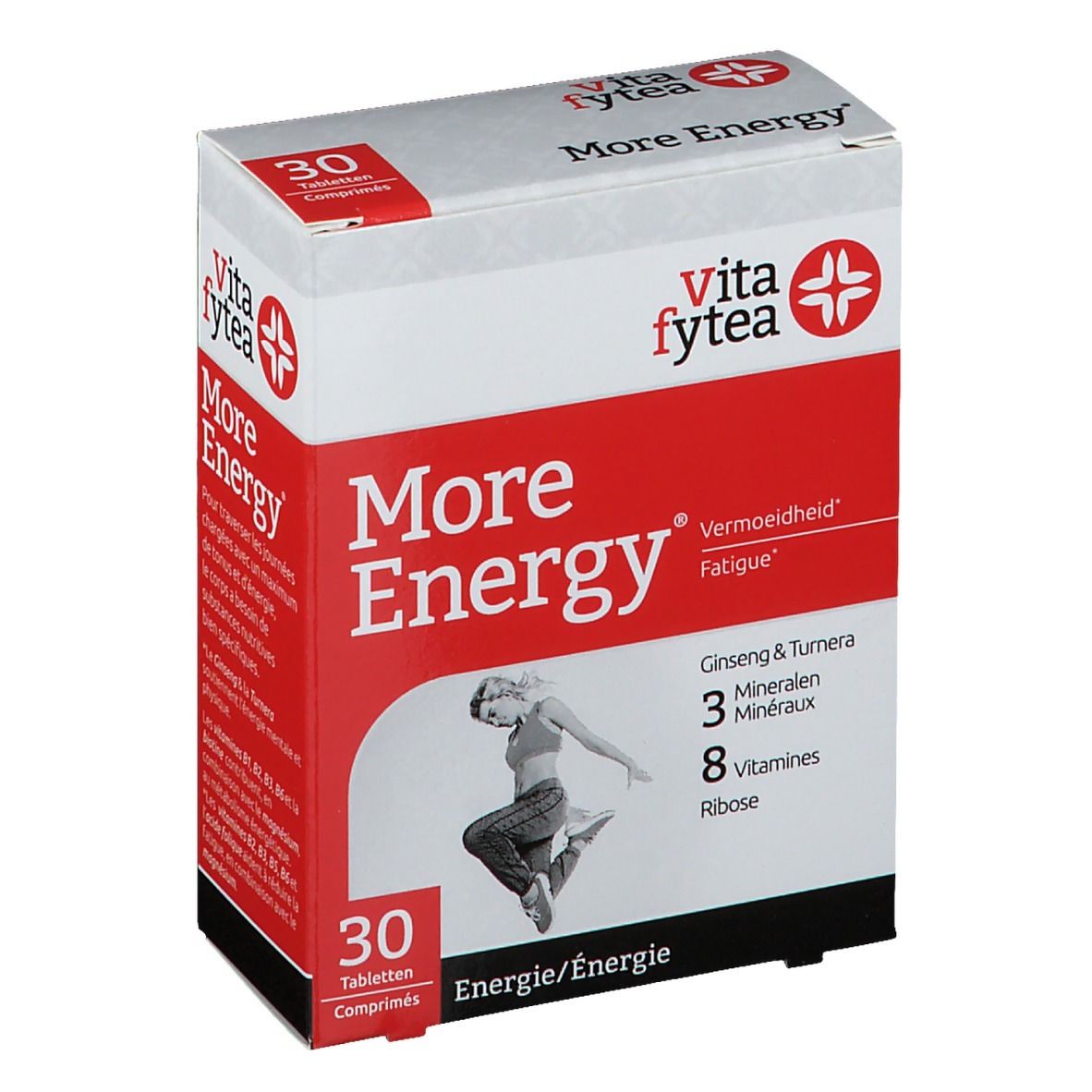 Boîte de 30 comprimés. Marque Vitafytea. Inscription More Energy, 3 minéraux, 8 vitamines. Image d'une femme sautant.