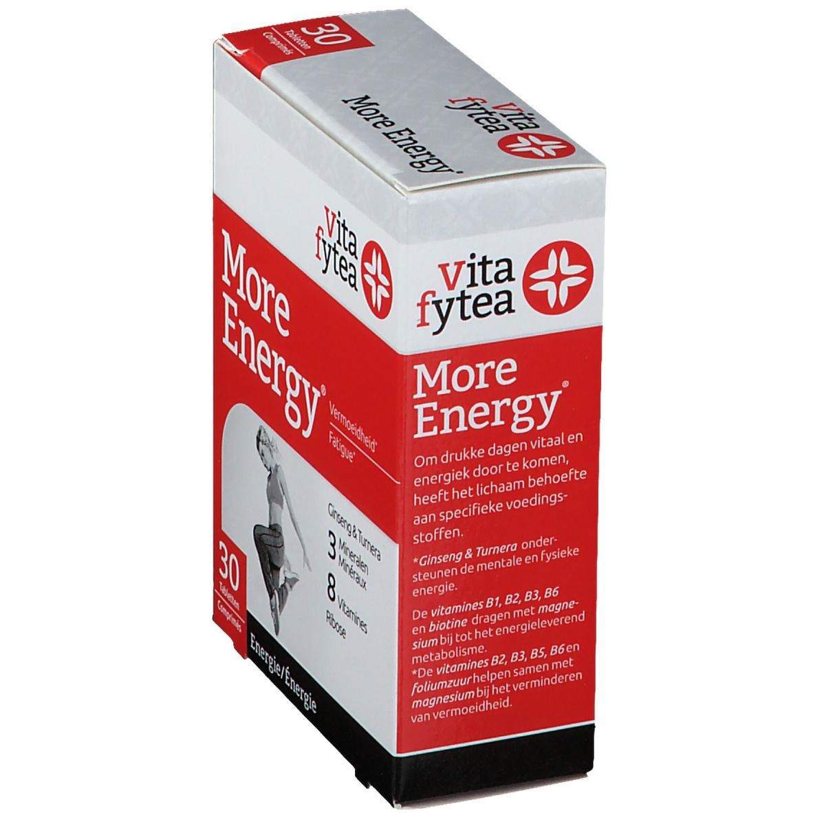 Boîte de 30 comprimés. Marque Vitafytea. Inscription More Energy. Texte sur les ingrédients et les effets. Rouge et blanc.