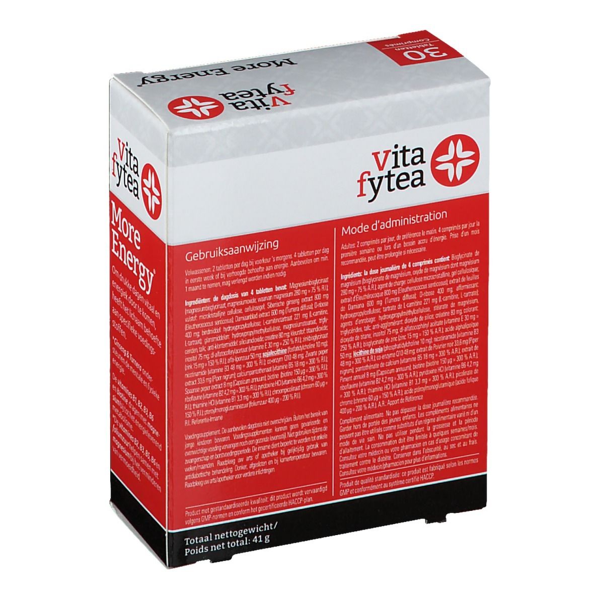 Boîte de 30 comprimés. Marque Vitafytea. Dos avec informations sur les ingrédients et instructions d'utilisation. Poids total : 41g.