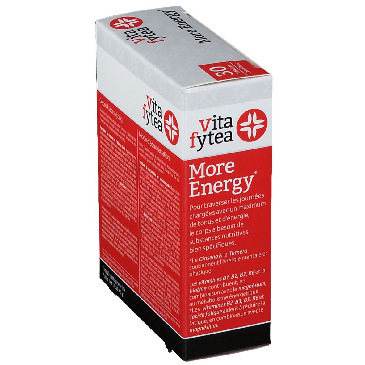 Boîte de 30 comprimés. Marque Vitafytea. Dos avec informations et instructions. Rouge et blanc.