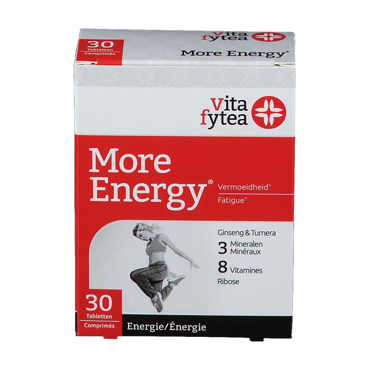 Boîte de 30 comprimés. Marque Vitafytea. Inscription More Energy, 3 minéraux, 8 vitamines. Image d'une femme sautant.