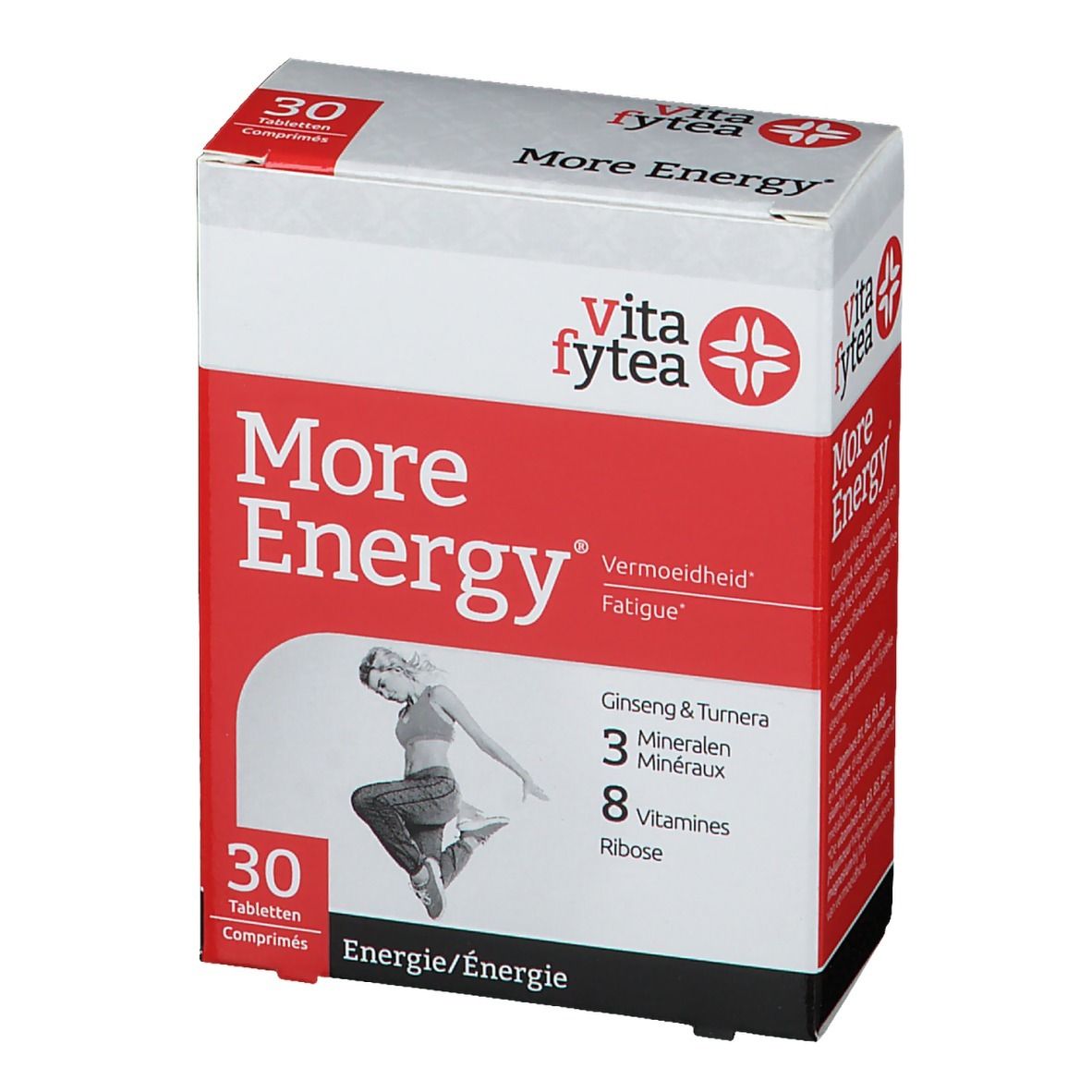 Boîte de 30 comprimés. Marque Vitafytea. Inscription More Energy, 3 minéraux, 8 vitamines. Image d'une femme sautant.