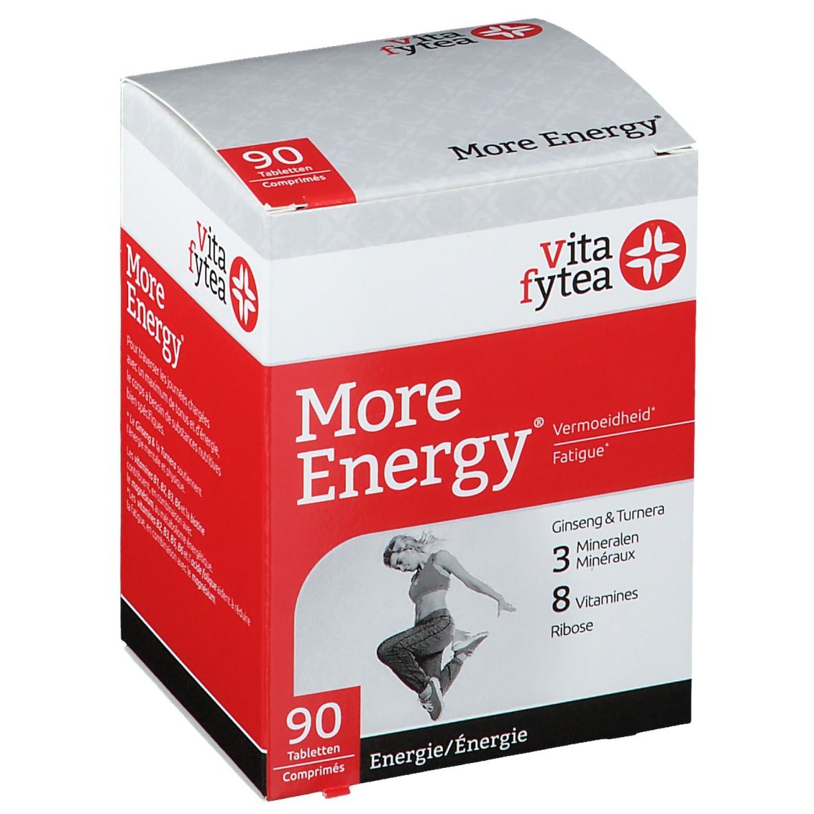 Vitafytea More Energy-doos. Rode en witte verpakking met productnaam en logo. Bevat 90 tabletten. Illustratie van een springende persoon.
