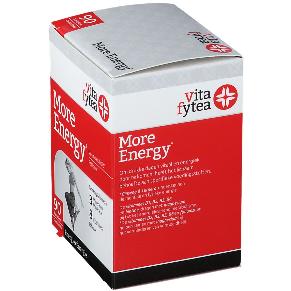 Vitafytea More Energy-doos. Rode en witte verpakking met productnaam en logo. Bevat 90 tabletten. Tekst over ingrediënten en effecten.