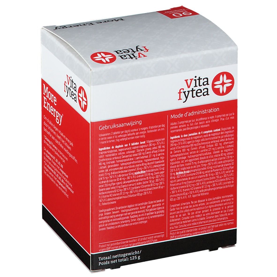 Vitafytea More Energy-doos. Achterkant met ingrediënten en gebruiksaanwijzing. Totaal gewicht 125g.