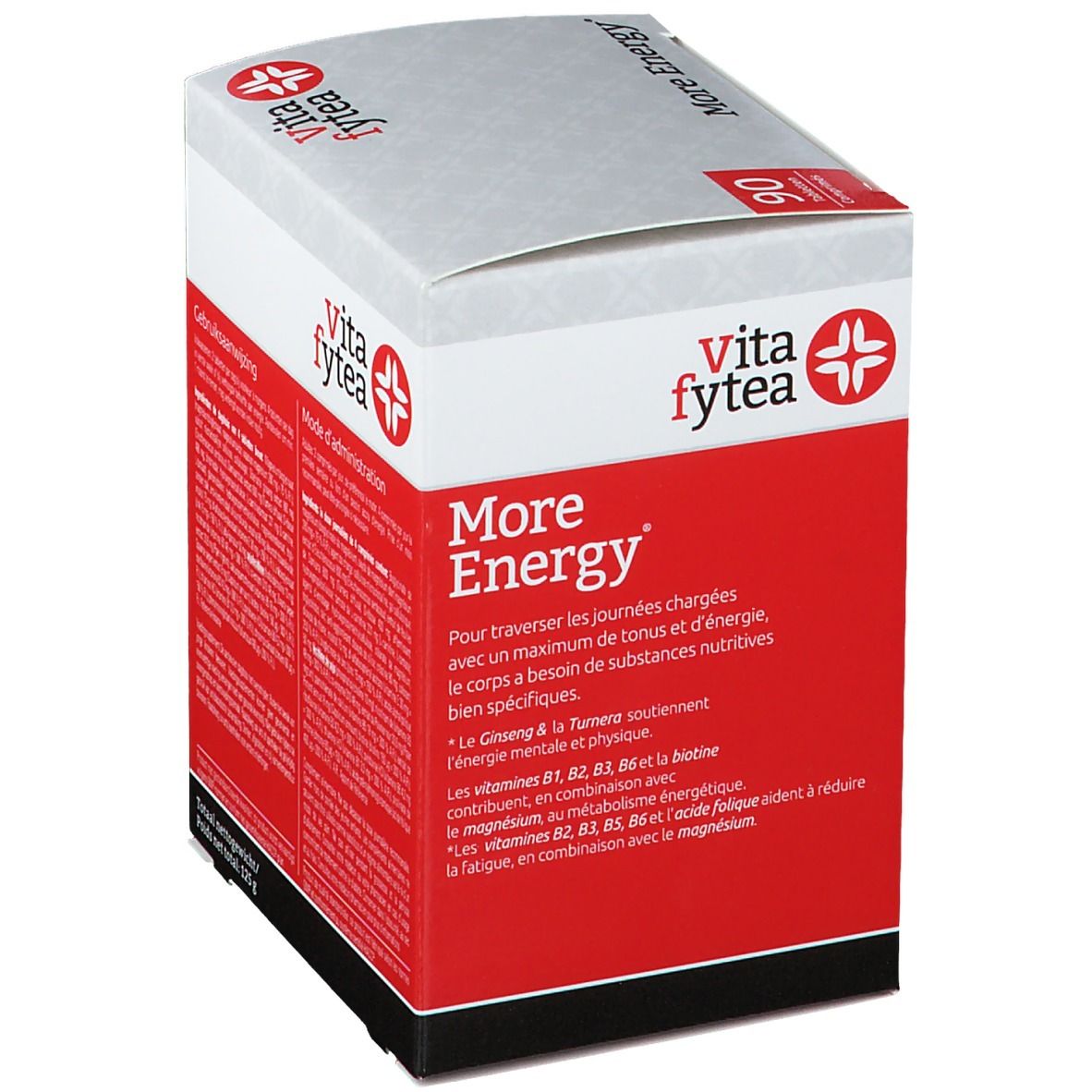 Vitafytea More Energy-doos. Rode en witte verpakking met productnaam en logo. Tekst over de werking van het product.