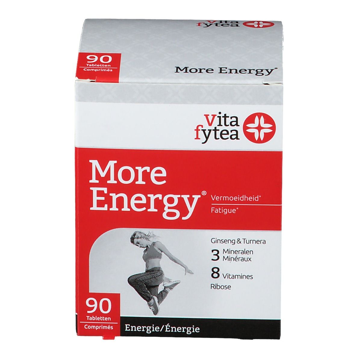 Vitafytea More Energy-doos. Rode en witte verpakking met productnaam en logo. Bevat 90 tabletten. Illustratie van een springende persoon.