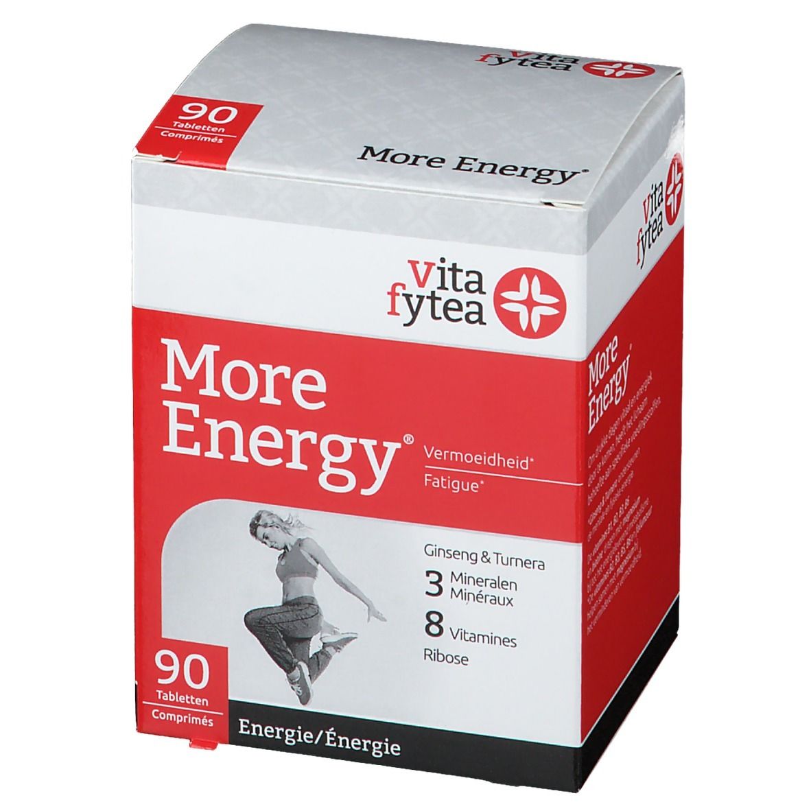Vitafytea More Energy-doos. Rode en witte verpakking met productnaam en logo. Bevat 90 tabletten. Illustratie van een springende persoon.