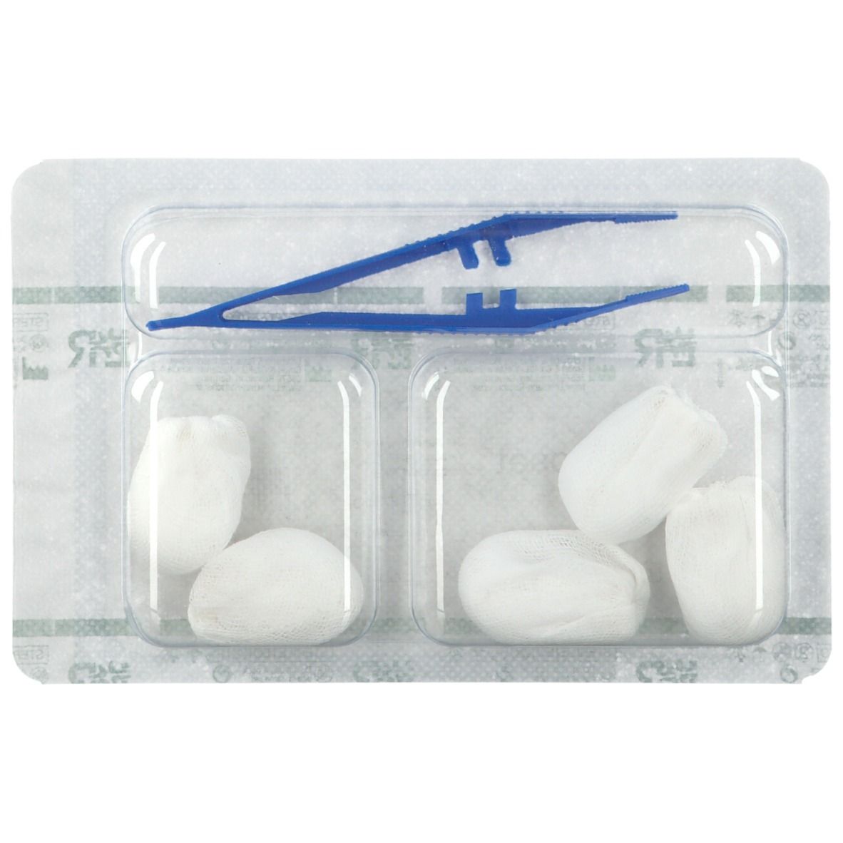 Set de pansements avec tampons et pince dans un emballage blister. Pince bleue, tampons blancs.