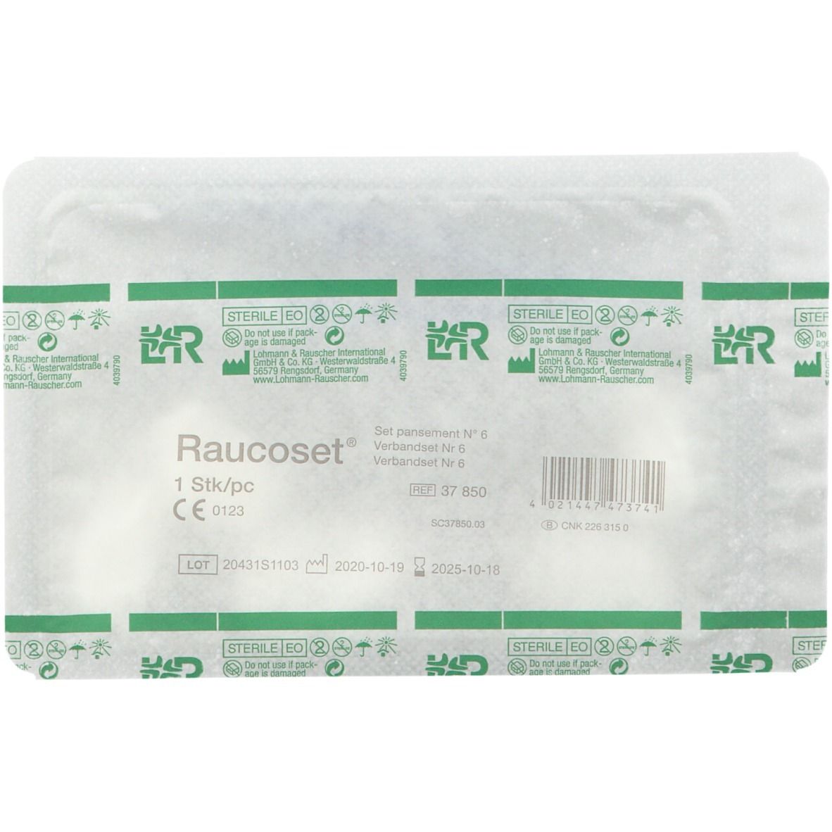 Raucoset Set Pansement nr6 en emballage blister. Emballage stérile. Texte: 1 Stk/pc, CE 0123.