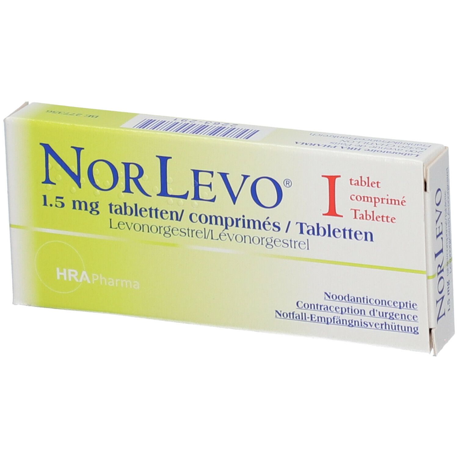 Doosje met NorLevo 1,5 mg tabletten. Opschrift: 1 tablet. HRA Pharma logo. Geel-witte verpakking.
