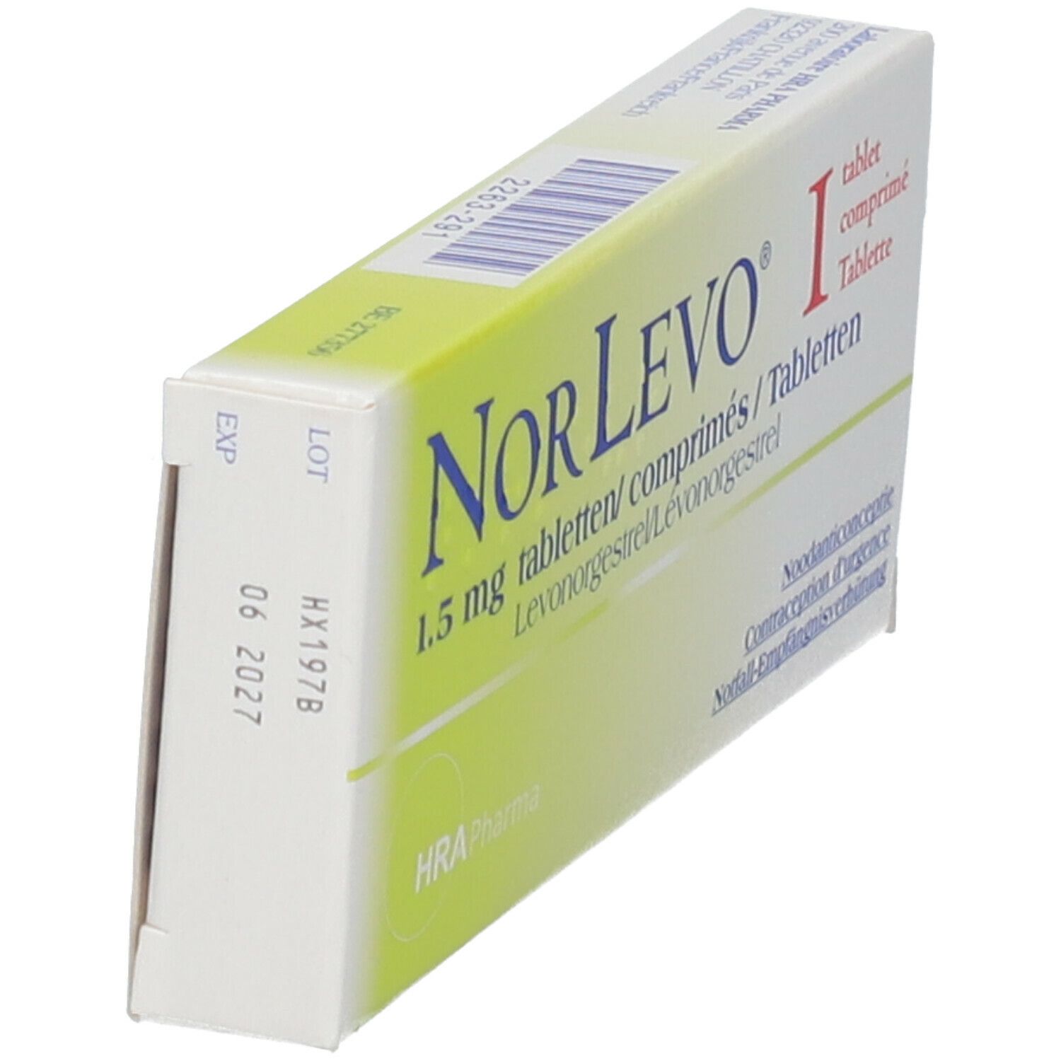 Zijaanzicht van het doosje NorLevo 1,5 mg tabletten. Opdruk met houdbaarheidsdatum en lotnummer. Wit-gele verpakking.