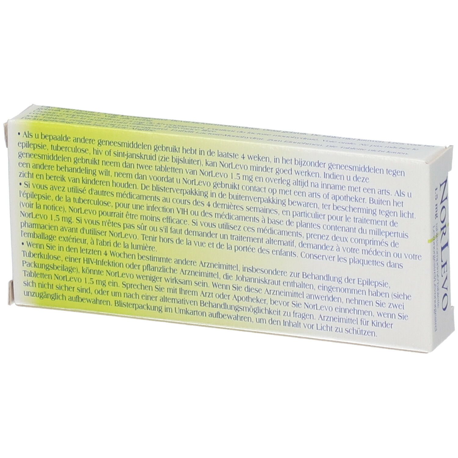 Achterkant van het doosje NorLevo 1,5 mg tabletten. Tekst in meerdere talen. Wit-gele verpakking.