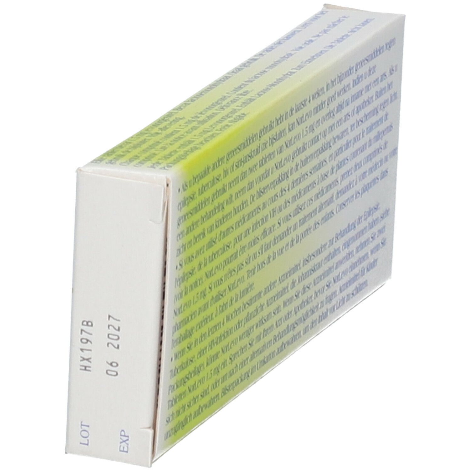 Schuine weergave van het doosje NorLevo 1,5 mg tabletten. Opdruk met houdbaarheidsdatum en lotnummer. Wit-gele verpakking.
