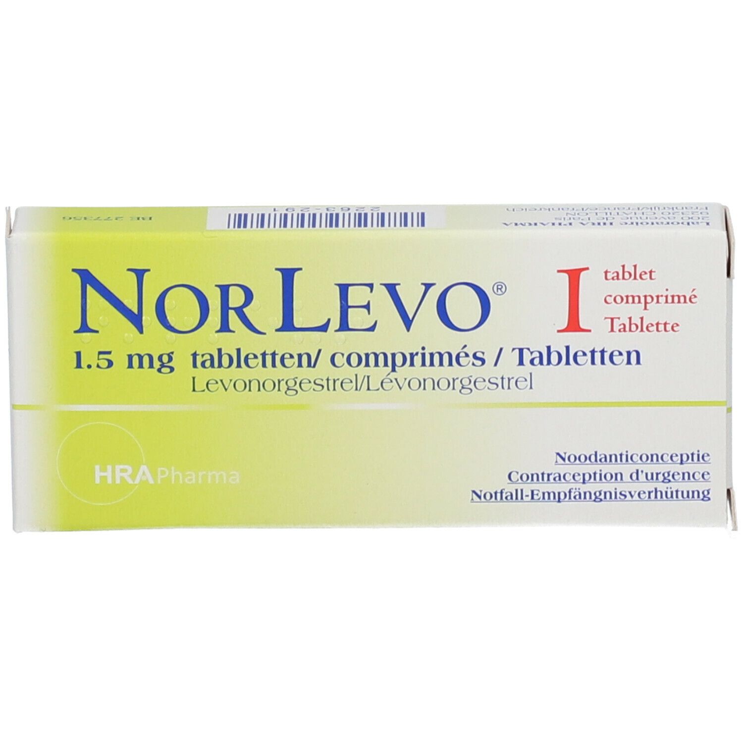 Doosje met NorLevo 1,5 mg tabletten. Opschrift: 1 tablet. HRA Pharma logo. Geel-witte verpakking.