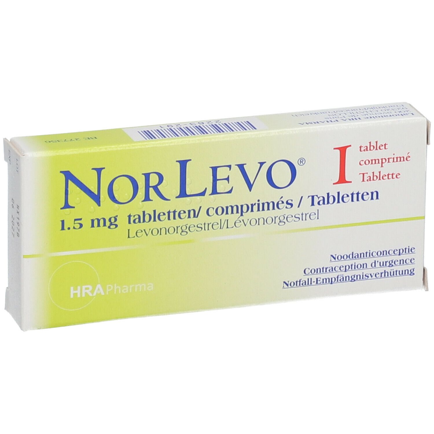 Doosje met NorLevo 1,5 mg tabletten. Opschrift: 1 tablet. HRA Pharma logo. Geel-witte verpakking.