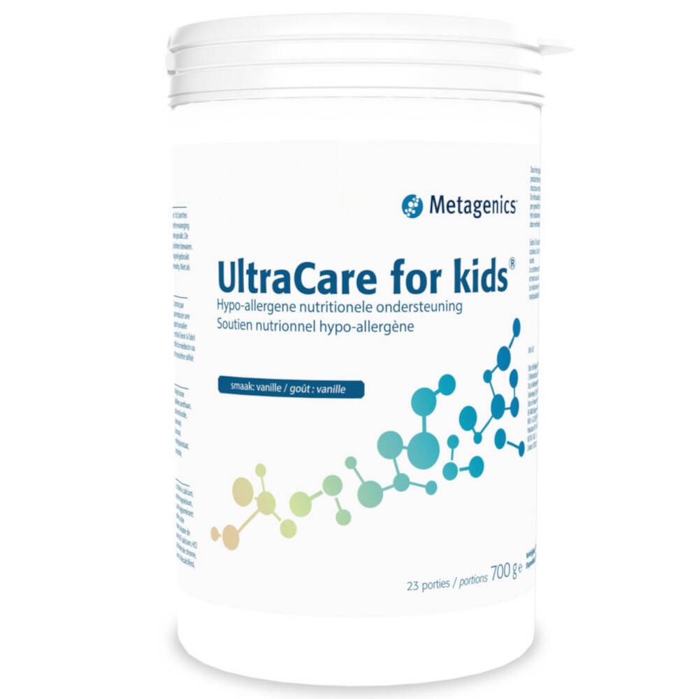 Récipient blanc avec couvercle. Inscription: UltraCare for kids, vanille. Marque: Metagenics. 23 portions, 700g.