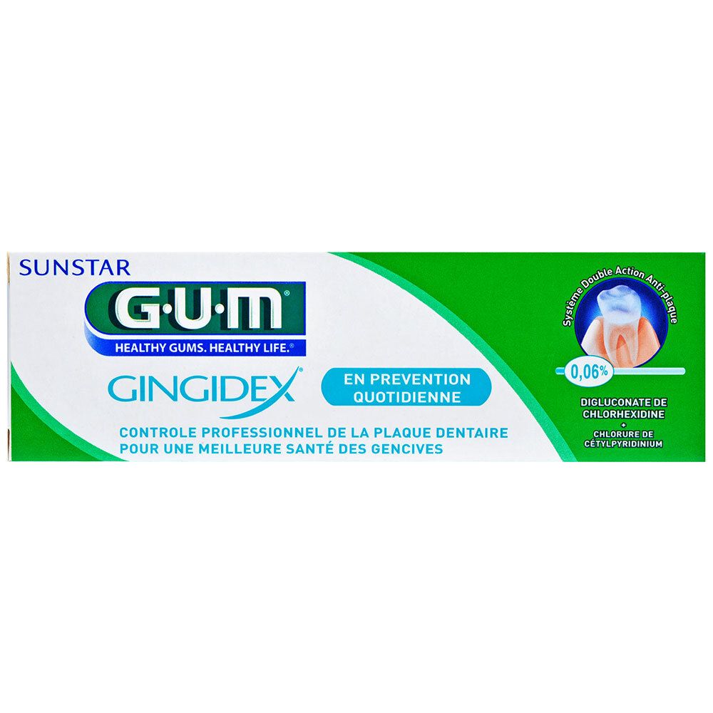 Tubo di dentifricio GUM Gingidex, verde e bianco. Testo: 0,06% digluconato di clorexidina. Per gengive sane.