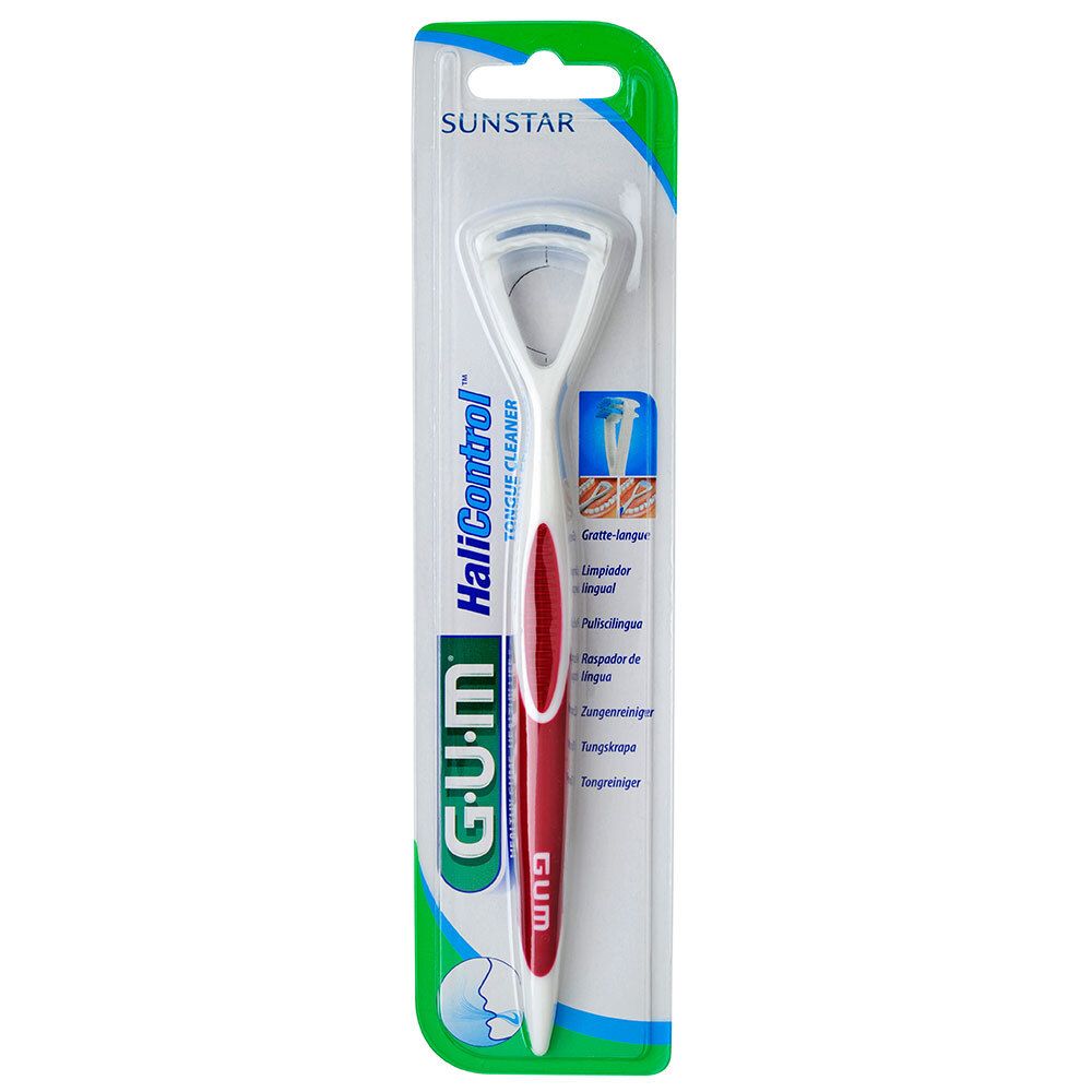 Nettoyeur de langue G.U.M HaliControl, emballé. Tête blanche, manche rouge.
