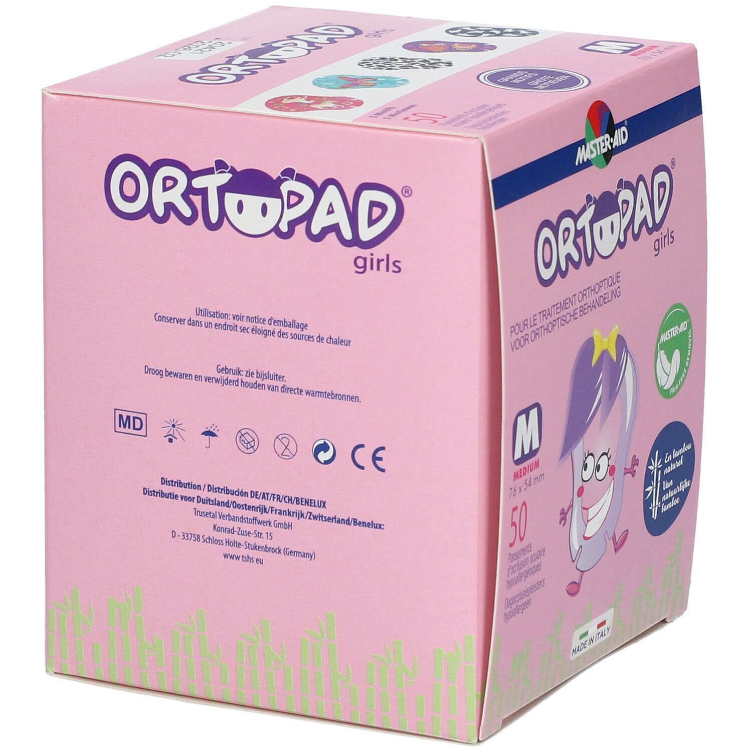 Roze doos met opdruk. Bevat 50 pleisters, maat M, 76 x 54 mm. Illustratie en teksten in meerdere talen.