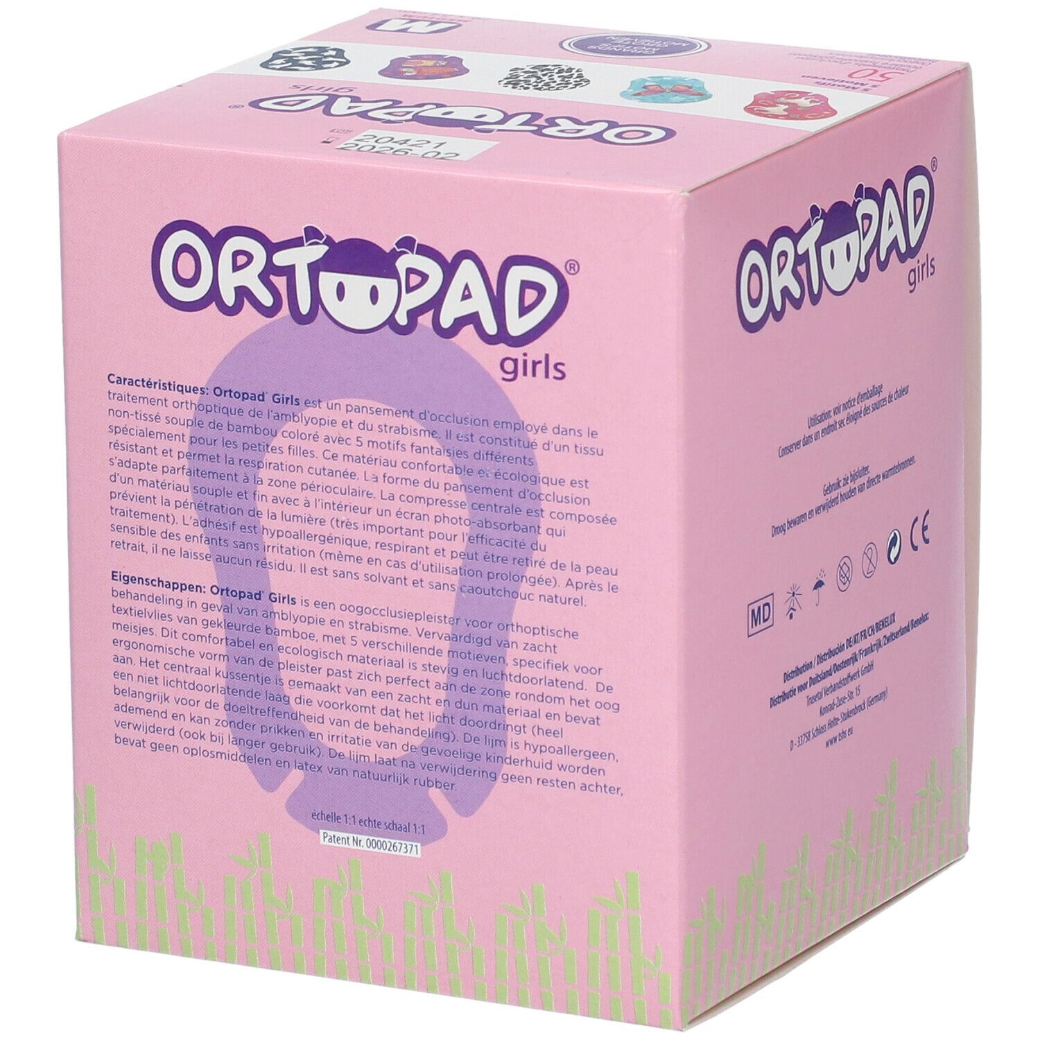 Roze doos met opdruk. Bevat 50 pleisters, maat M, 76 x 54 mm. Illustratie en teksten in meerdere talen.