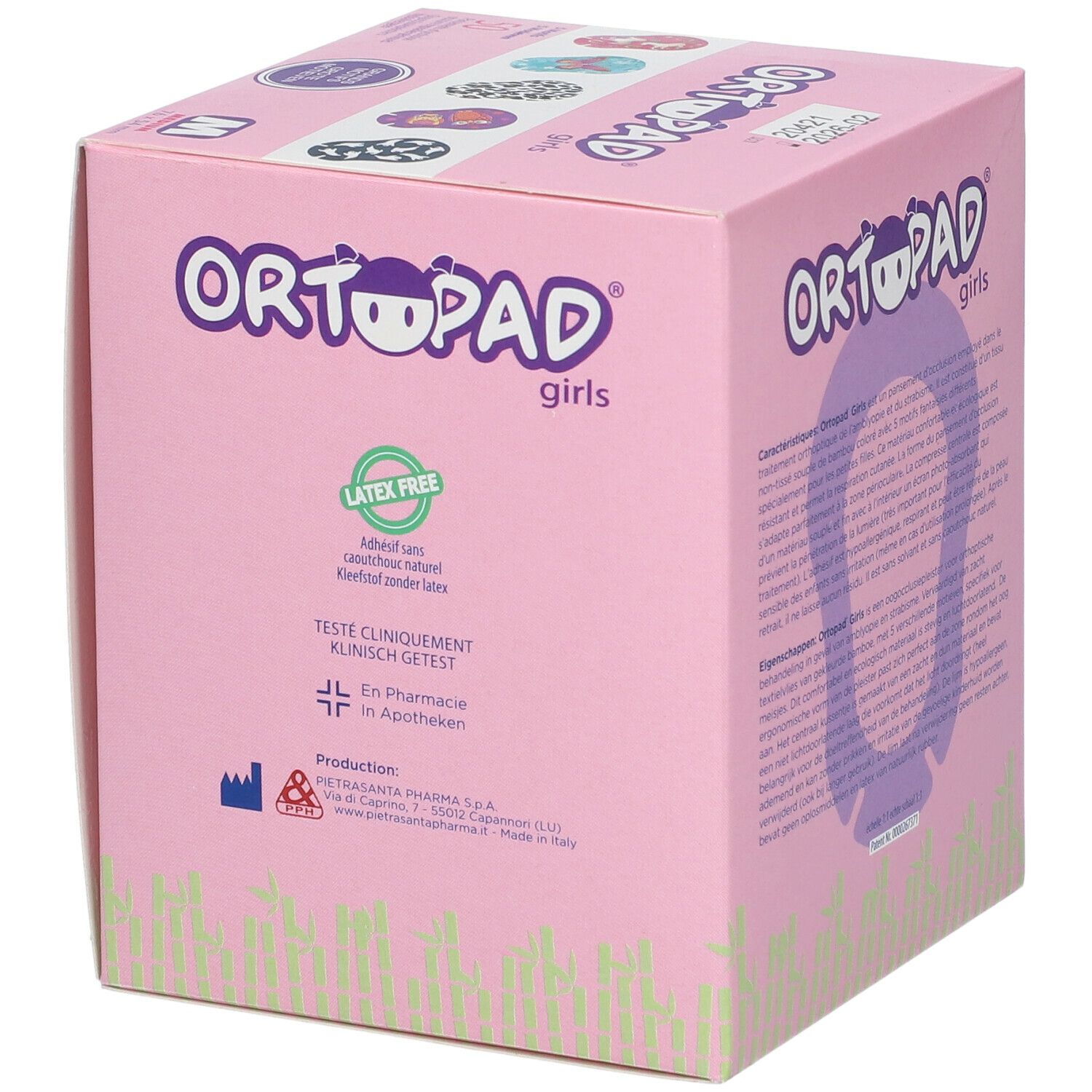 Roze doos met opdruk. Bevat 50 pleisters, maat M, 76 x 54 mm. Illustratie en teksten in meerdere talen.